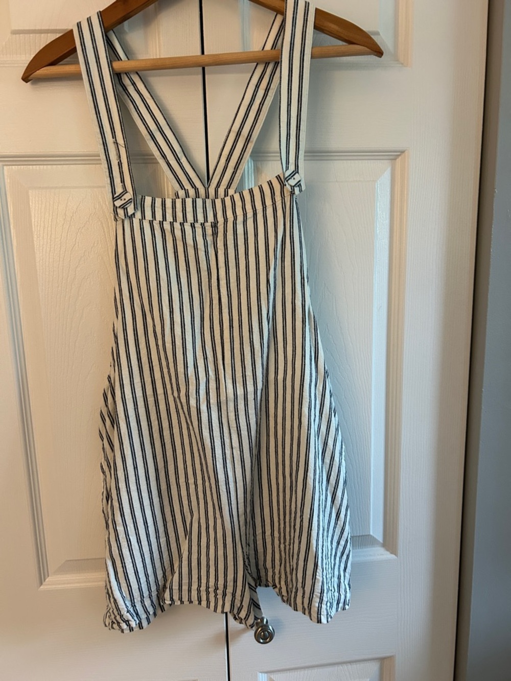 Forever 21 White and Black Striped Suspender Romper
